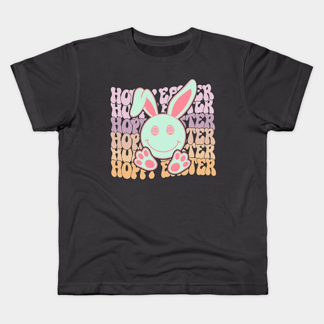 Hoppy Easter Funny Happy Bunny Easter Holiday 2024 Groovy Kids T-Shirt by JDVNart